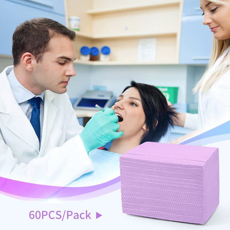 60 PCS Disposable Dental Patient Bibs Tattoo Bib 13" x 18", Annhua Waterproof Dentist Polyback Towel 3 Ply Dental Napkins - Sturdy and Leakproof -Purple Purple