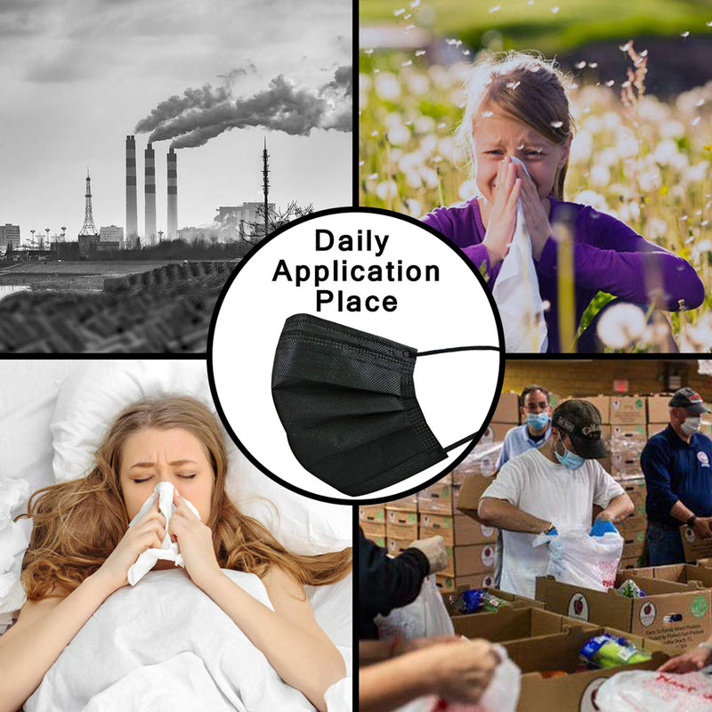 DIOLV Disposable Face Mask Adult 3 Layer Mens Breathable Facemask Womens Facial Masks for Indoor Outdoor 50Pcs/Pack Earloop,Black Black
