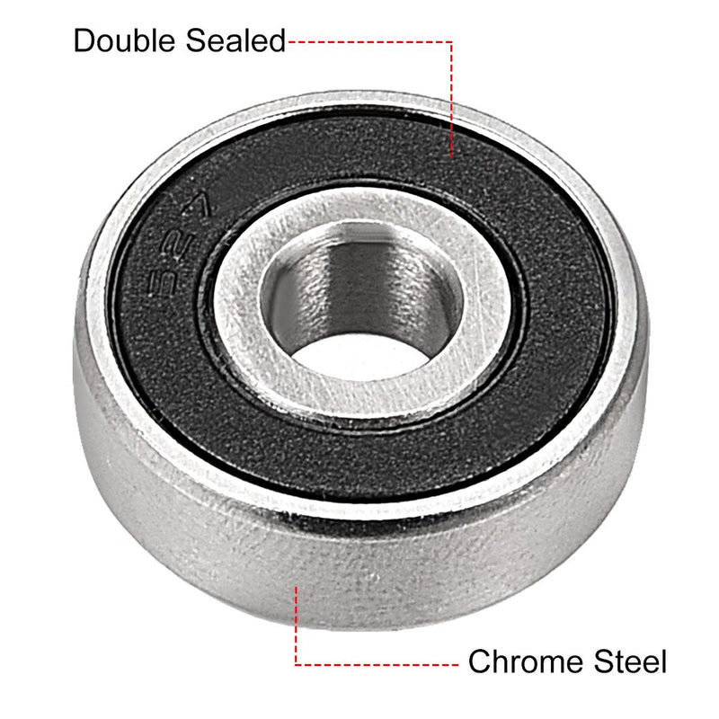 uxcell 627-2RS Deep Groove Ball Bearing Double Sealed 180027, 7mm x 22mm x 7mm Chrome Steel Bearings (Pack of 4) 7mmx22mmx7mm