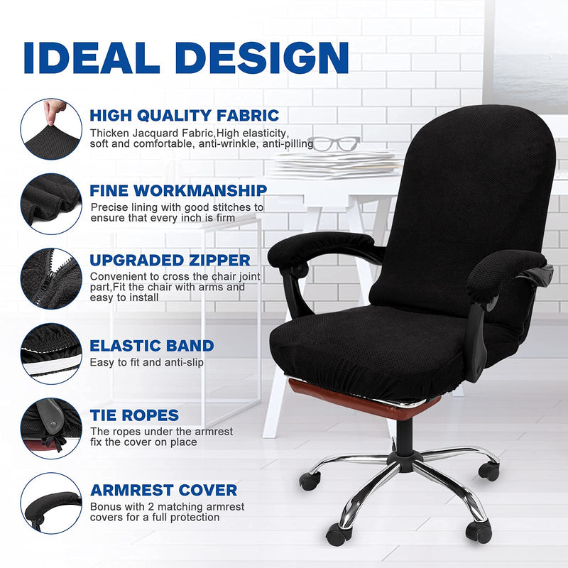 Necolorlife Office Chair Cover with Armrest Covers Stretchable Desk Chair Cover Thick Checked Jacquard High Back Office Seat Cover for Universal Rotating Chair (Large Size,Black) Black With Arm Covers Large