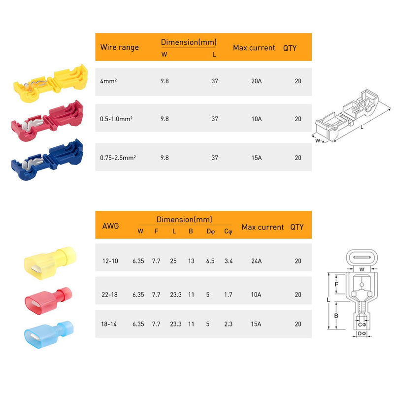 Nilight - 50004R 120 Pcs/60 Pairs Quick Splice Wire Terminals T-Tap Self-stripping with Nylon Fully Insulated Male Quick Disconnects Kit, 2 Years Warranty