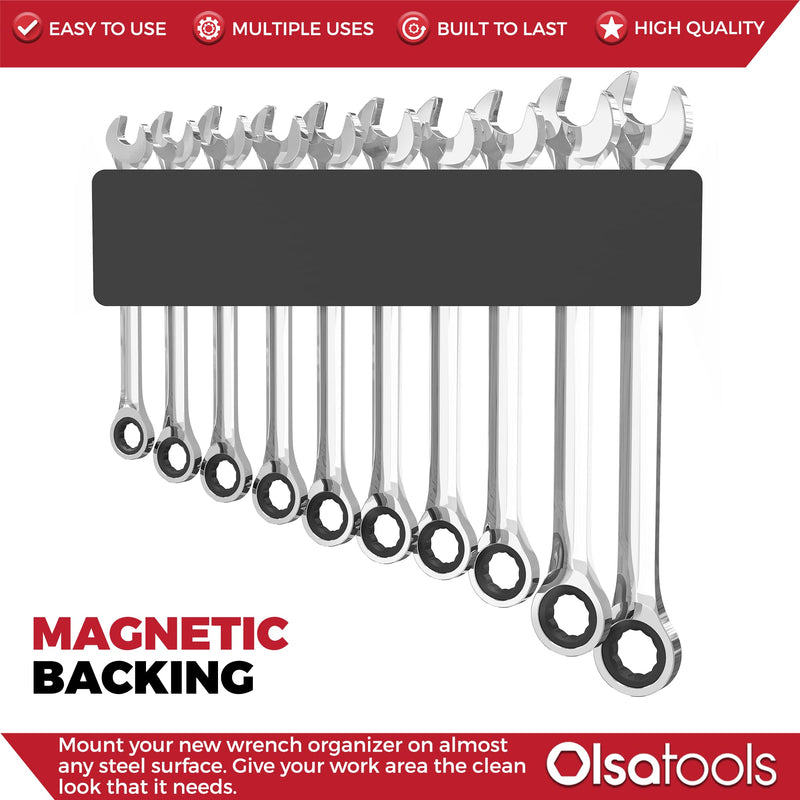 Olsa Tools Magnetic Wrench Organizer (Red) | Wrench Holder Fits Wrenches SAE 3/8" Thru 15/16" & Metric 10mm Thru 19mm | Professional Grade Red