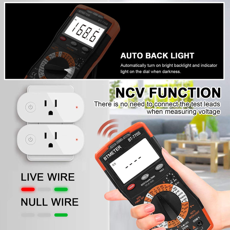 BTMETER BT-770S Multimeter Manual Ranging Electric Meter, for AC DC Volt Amp Ohm Capacitance Frequency with Continuity Tester, Auto Backlit for Automotive Hobbyist Electrical Home BT-770S Manual Ranging