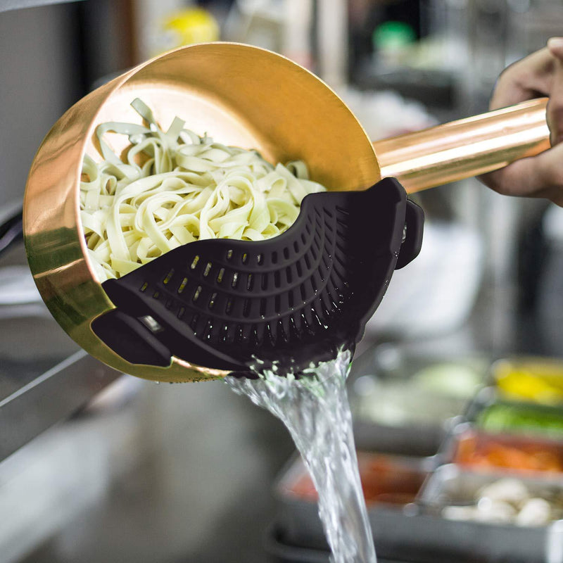 AUOON Clip On Strainer Silicone for All Pots and Pans, Pasta Strainer Clip on Food Strainer for Meat Vegetables Fruit Silicone Kitchen Colander Black