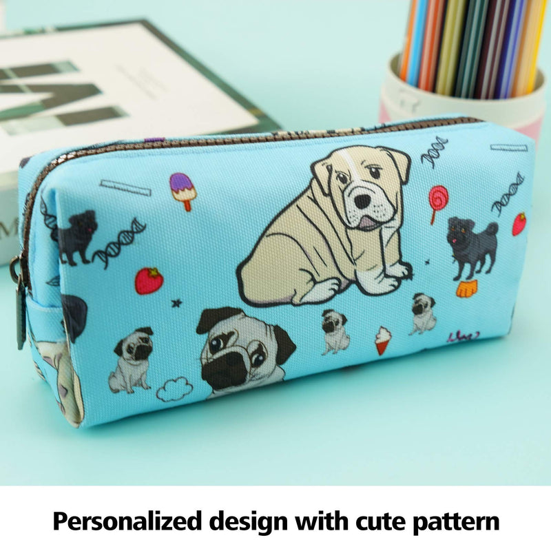 LParkin Cute Pug Dog Canvas Pencil Case Canvas Pen Bag Gadget Pouch Stationary Case Makeup Cosmetic Bag Box Blue