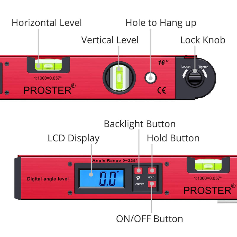 Proster Digital Protractor 0-225 ° Digital Protractor with Spirit Level and LCD Illumination 400 mm / 16 Inch Angle Measuring Device with Battery and Bag for Roofing Technology - Red Red