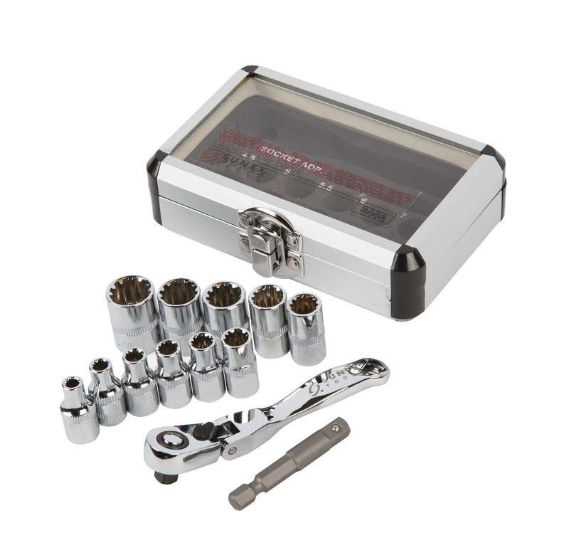 Sunex 9723 1/4-Inch Drive Universal Spline Socket Set with Mini-Flex Ratchet, 13-Piece 1/4" Drive Socket Set, Mini Ratchet