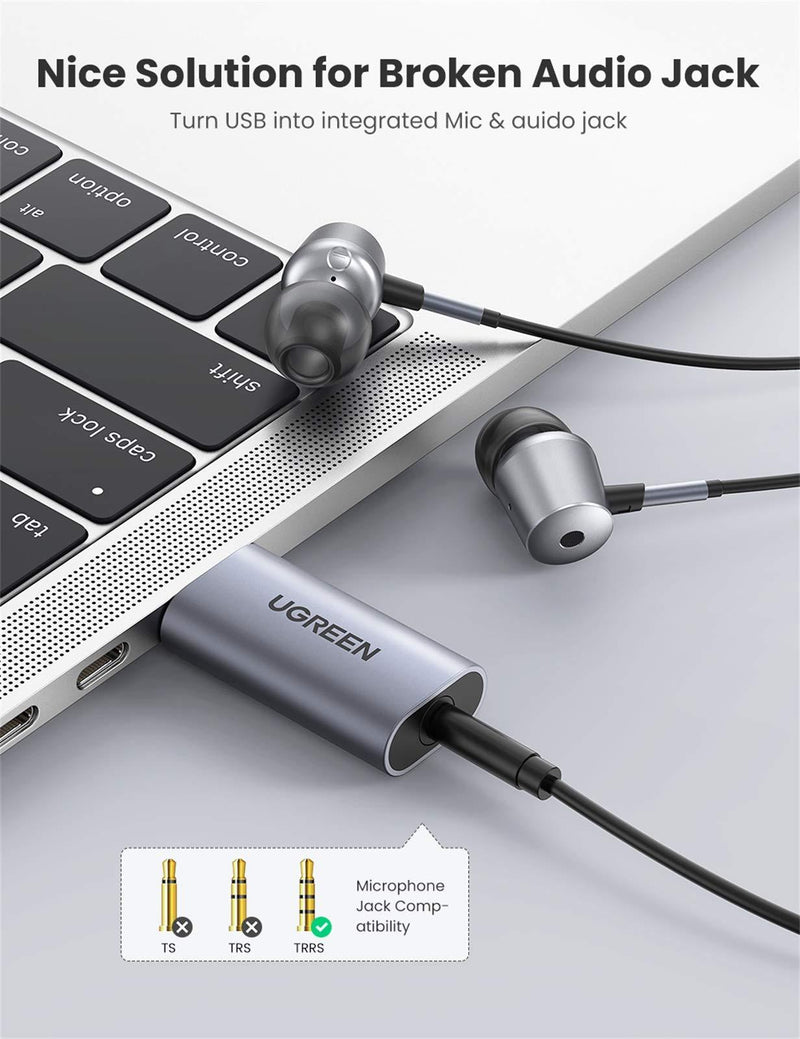 UGREEN USB External Sound Card Audio Adapter 2 in 1 USB to 3.5mm Jack Audio Adapter Aluminum Stereo Sound Card for Windows Mac PS5 Linux PC Laptops Desktops
