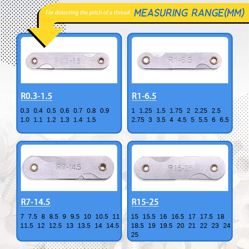 Glarks 4 Pack R0.3-1.5/ R1-6.5/ R7-14.5/ R15-25 Radius Gauge Set, Stainless Steel Radius Fillet Gage Portable Concave Convex Measuring Tool for Tool and Die Makers Check