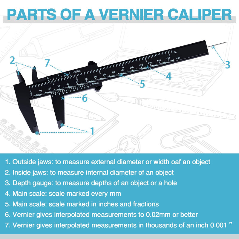6 Inch/ 150 mm Mini Plastic Caliper Double Scale Measuring Tool Rectangular Vernier Caliper Fast Read Sliding Gauge Ruler for Eyebrow Stencil Makeup Student School Office Home, Black, 5 Pieces