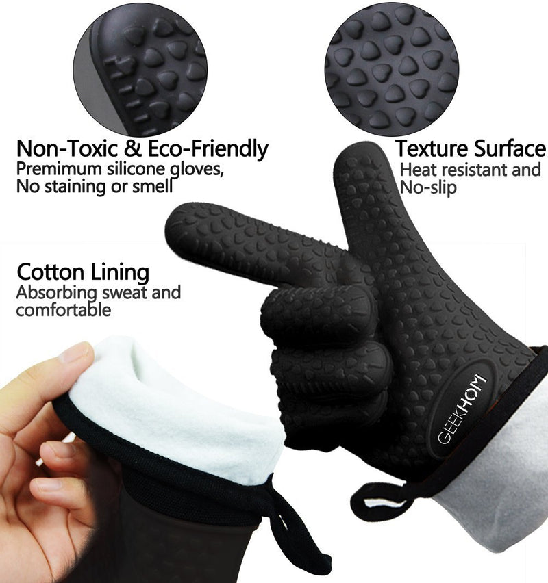 GEEKHOM Grilling Gloves, Heat Resistant Gloves BBQ Kitchen Silicone Oven Mitts, Long Waterproof Non-Slip Potholder for Barbecue, Cooking, Baking (Black) One Size Fits Most Black