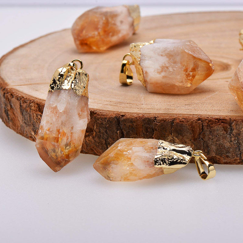 Natural Healing Crystal Yellow Citrine Rough Stone Pendant Necklace, Yellow Gold Tone