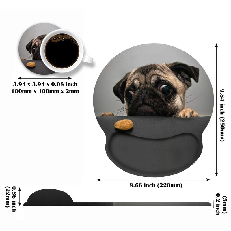 LOWORO Ergonomic Mouse Pad Wrist Support with Coasters Set, Cute Large Wrist Rest Pad with Non-Slip PU Base for Laptop Computer Home Office Working Gaming Pain Relief, Cute Pug