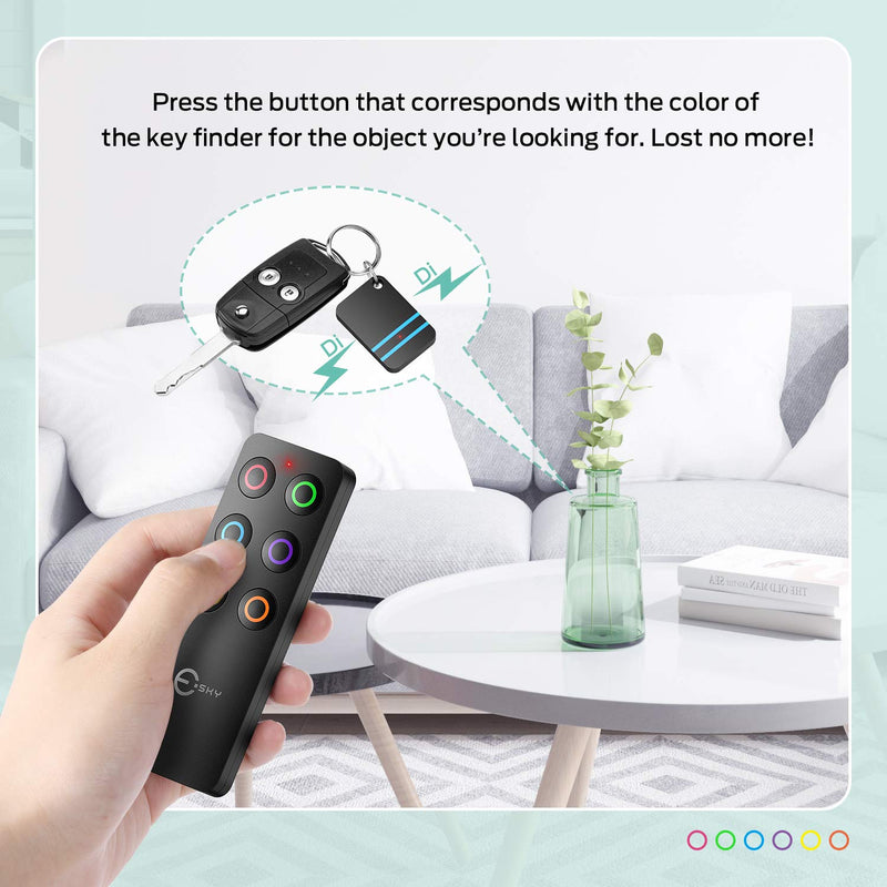 Key Finder, Esky 80dB RF Item Locator with 100ft Working Range, Wireless Wallet Tracker with 1 Transmitter and 6 Receivers for Finding Key, Remote, Pet and Wallet, Batteries Included-Black Black