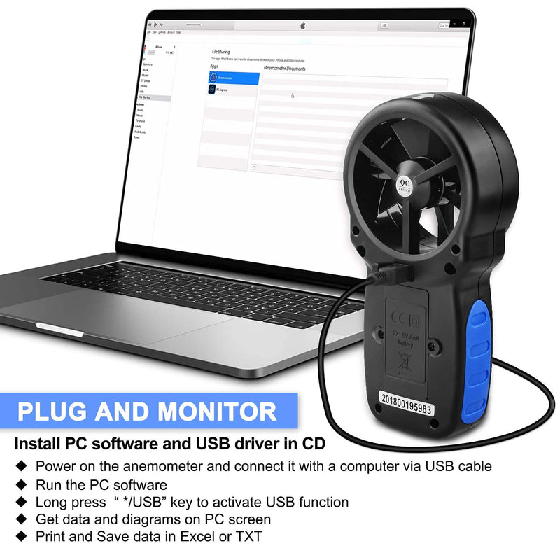 AIOMEST Wind Meter, Digital Anemometer Wind Meter Handheld, AI-866A Wind Meter CFM Wind Speed Meter for Wind Speed Temperature, with USB Port