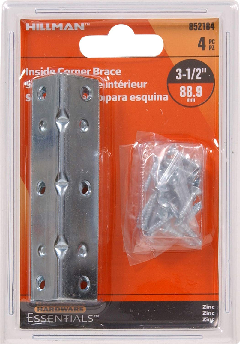 The Hillman Group 852184 3-1/2 x 3/4" Inside Corner Brace - Zinc Plated 4-Pack