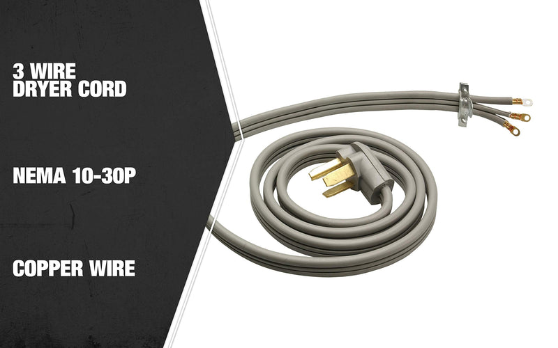 Coleman Cable 09126 30-Amp 3-Wire Dryer Power Cord, 6-Foot 6'