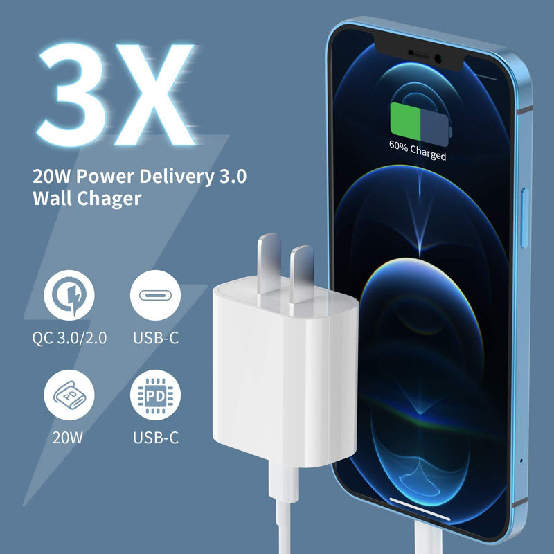 [Apple MFi Certified] iPhone Fast Charger 3Pack, iGENJUN 20W USB C Charger Wall Charger Block with PD 3.0, Compact USB C Power Adapter for iPhone 12/12 Pro/11, Galaxy, Pixel, AirPods Pro-White