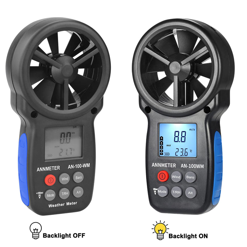 ANNMETER AN-100WM Handheld Wind Speed Chill Temperature Meter Tester, Digital Anemometer for Air Flow, Velocity, Pressure, Humidity Gauge AI-100WM W/ Pressure, Altitude and Humidity