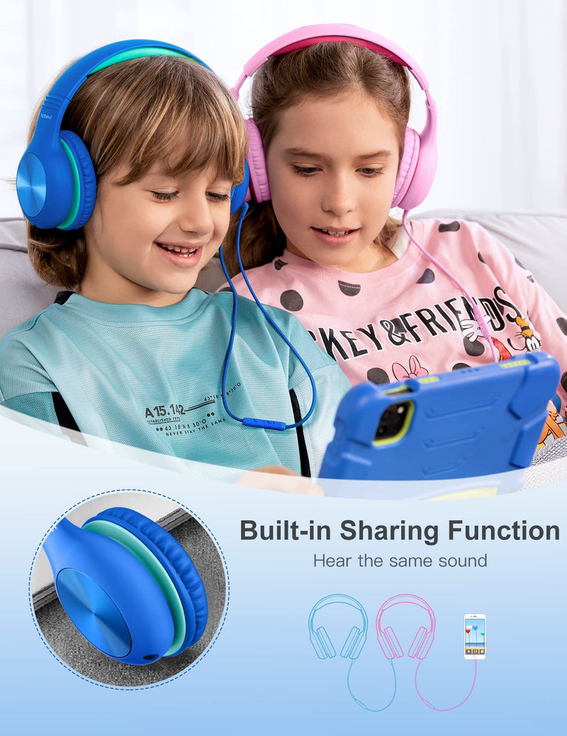 Kids Headphones with Microphone, Over-ear Headphones for Kids with Sharing Function, 85dB/94dB Safe Volume Limit, HD Sound, Headset for On-line Study, School, Travel, Headphone for Children Boys Girls Blue