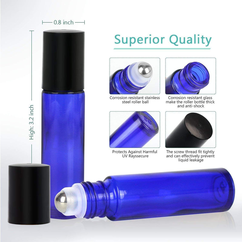 Onwon 6 Pcs Glass Stainless Steel Roller Bottles Cobalt Blue Dropper Included Re-usable 10ml Roll-ons Perfect For Essential Oils, Perfume Oils, Or Other Liquids