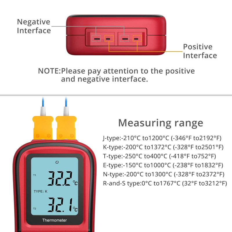 Kamtop Digital Thermometer Dual Channel Thermometer with Two K- type Thermocouples Temperature Meter with LCD Backlight for K/ J/ T/ E/ R/ S/ N Thermocouple