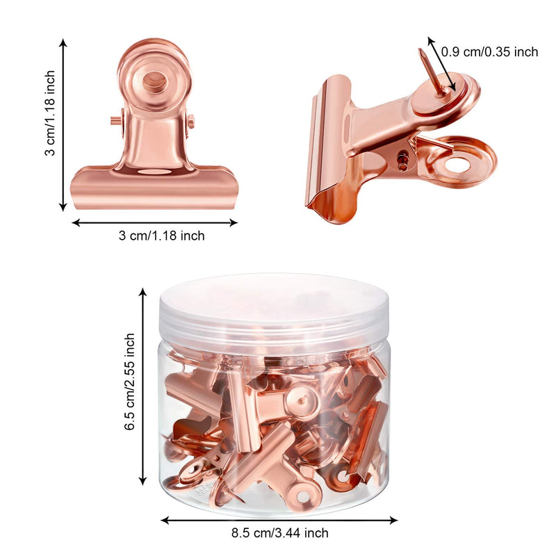 30 Pieces Push Pins Clips, Bulldog Clips with Thumb Tacks for School Artworks Projects on Cork Board, Photos Documents on Bulletin Board, No Holes for The Paper on Cubicle Walls (Rose Gold)