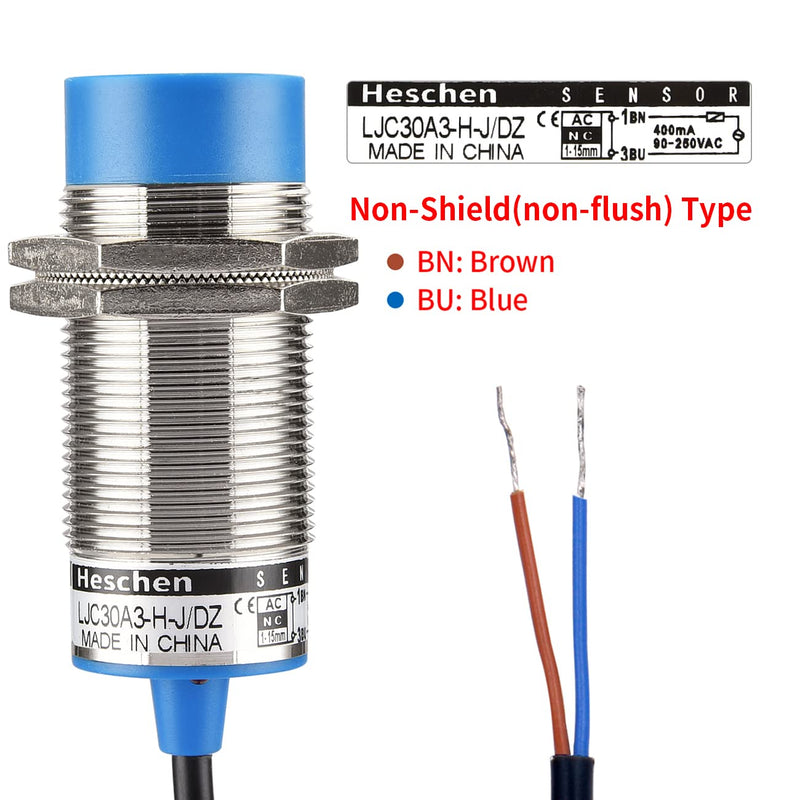 Heschen M30 Capacitive Proximity Sensor Switch Non-Shield Type LJC30A3-H-J/DZ Detection 1-15mm 90-250VAC 400mA Normally Closed (NC) 2 Wires