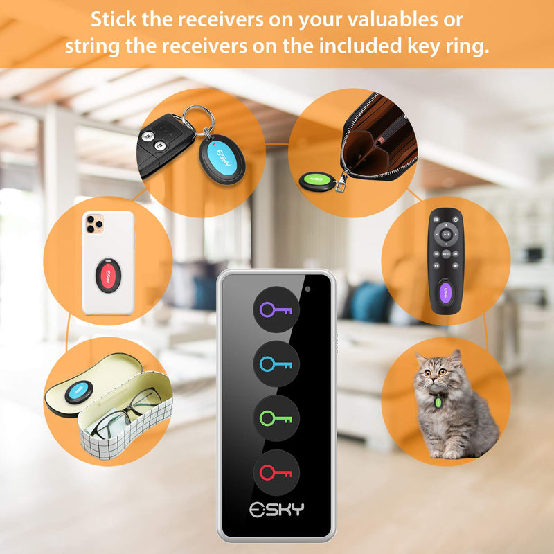 Key Finder, Esky 80dB RF Item Locator with 131ft Working Range, Wireless Key Tracker with 1 Transmitter and 4 Receivers for Finding Wallet, Remote, Pet and Passport, Receiver' Batteries Included