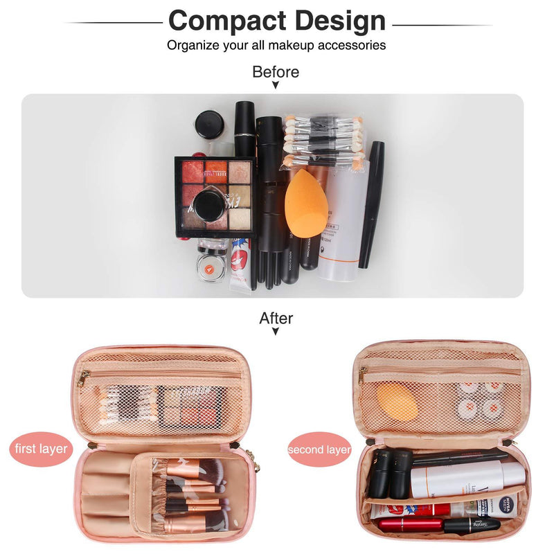 Relavel Makeup Bag Small Travel Cosmetic Bag for Women Girls Makeup Brushes Bag Portable 2 Layer Large Capacity Cosmetic Case Brush Storage Organizer Pouch Christmas Gifts Purse Waterproof Toiletry Bag (Pink) A Pink