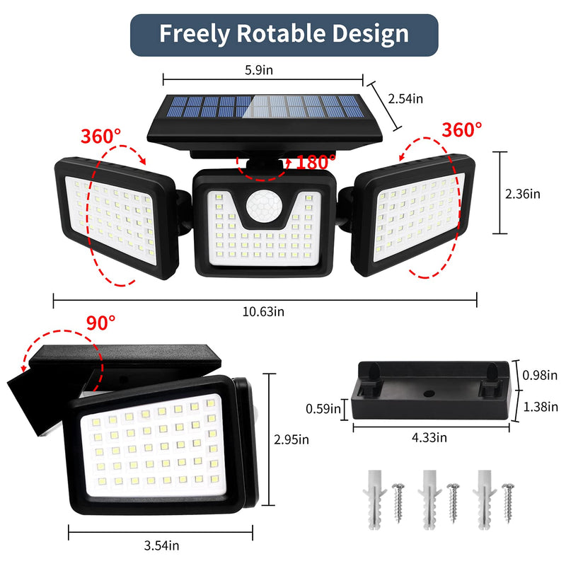 INCX Solar Motion Sensor Lights Outdoor, 3 Heads Security Lights Solar Powered, 118 LED Flood Light Motion Detected Spotlight for Garage Yard Entryways Patio, IP65 Waterproof 1 Pack Black