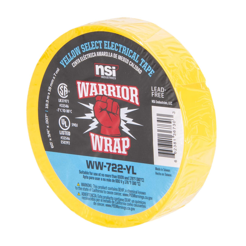 NSi Industries WarriorWrap Select 3/4 in. x 60 ft. 7 mil Vinyl Electrical Tape, Yellow (WW-722-YL)