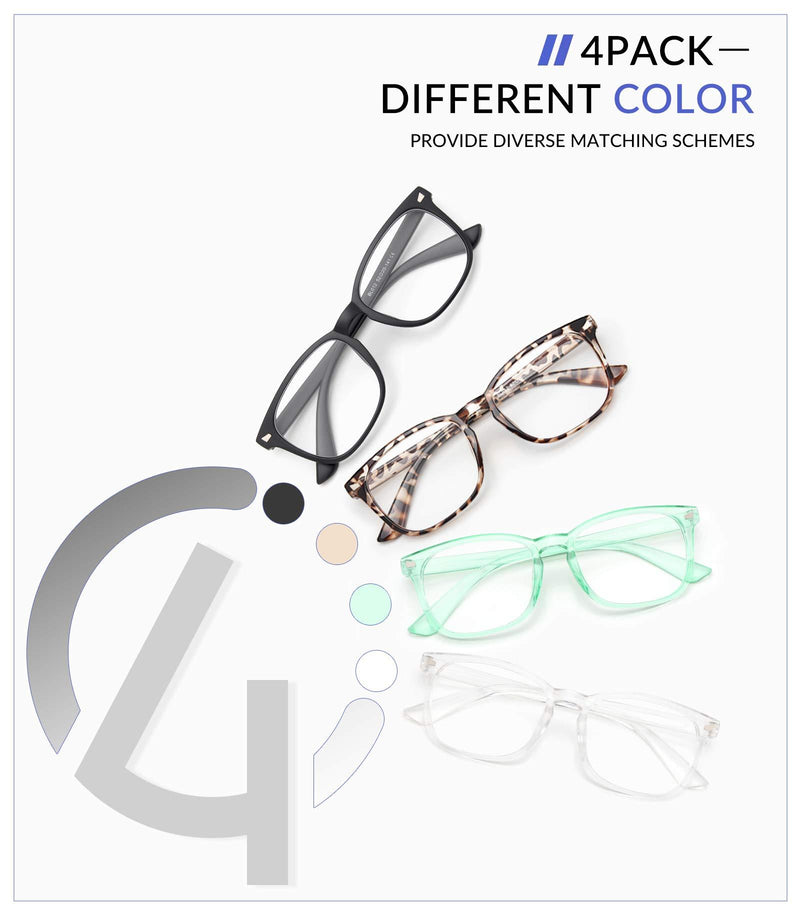 Gaoye 4-Pack Blue Light Glasses, Anti UV Ray/Glare Lens Fashion Fake Frames Computer Gaming Glasses for Women Men A4 Matte Black+leopard+transparent+green clear