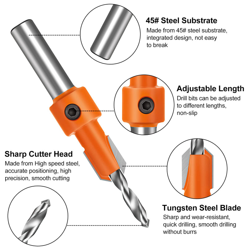 Countersink drill set for wood, Lytool 10-piece drill with countersink, wood drill, countersink set, 8 mm shaft with hex key, for wood processing plastic