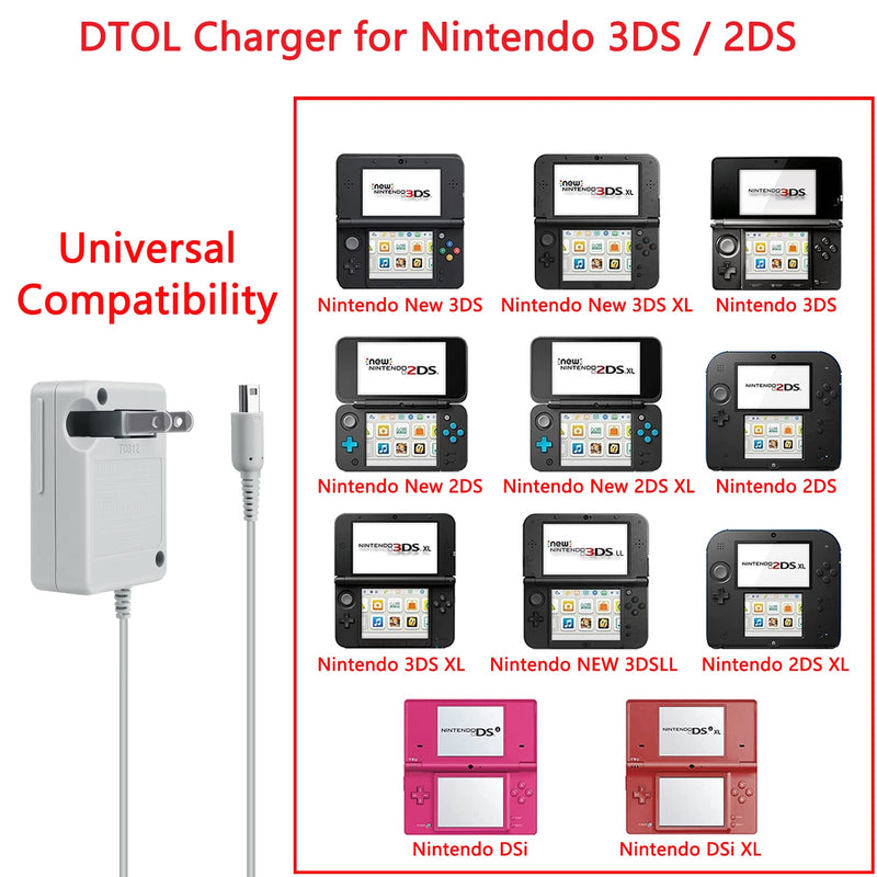 DTOL AC Adapter Game Charger for Nintendo Dsi Ndsi 3DS/3DSXL/New 3DS/New 3Dsll/2DS/Dsi/Dsixl, Charger & USB Cable 1 Pack