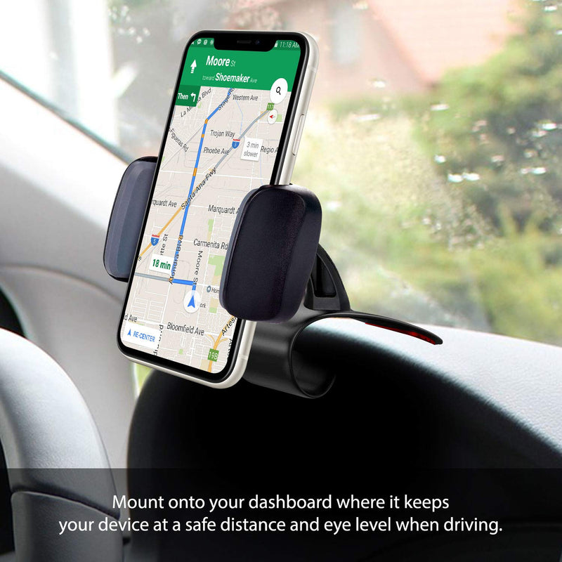 Phone Holder Mount â€“ Car Dashboard Cell Phone Holder - Clip On Adjustable Car Stand Handsfree Non Slip Cradle Compatible for Smartphones Apple iPhone Samsung Android Switch and GPS (Black)