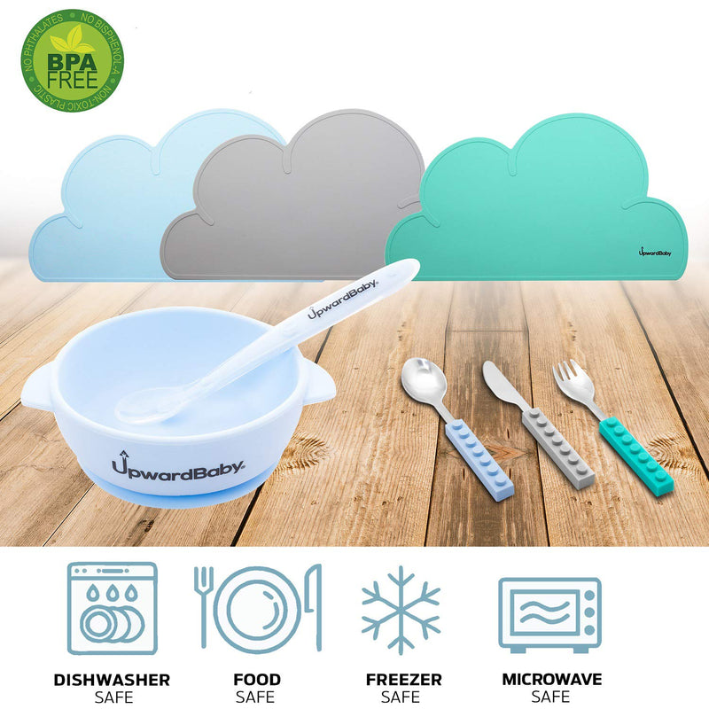 Baby Bowls with Suction - 4 Piece Silicone Set with Spoon - UpwardBaby - for Babies Kids Toddlers - BPA Free - First Stage Self Feeding
