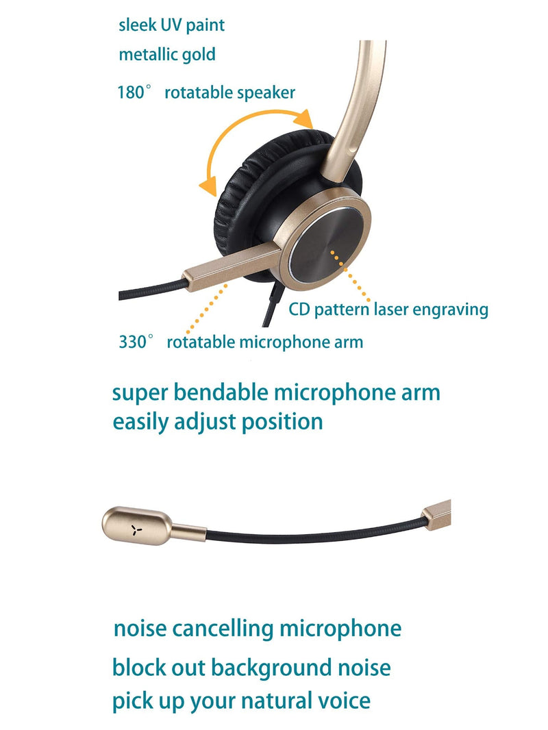 USB PC Headset for Zoom Conferencing, PC Video Call Headset with Mute Button, Teams Meeting Headset with Noise Cancelling Microphone & Volume Control, Online Teaching & Virtual Class Headset for Kids Gold Double Ear