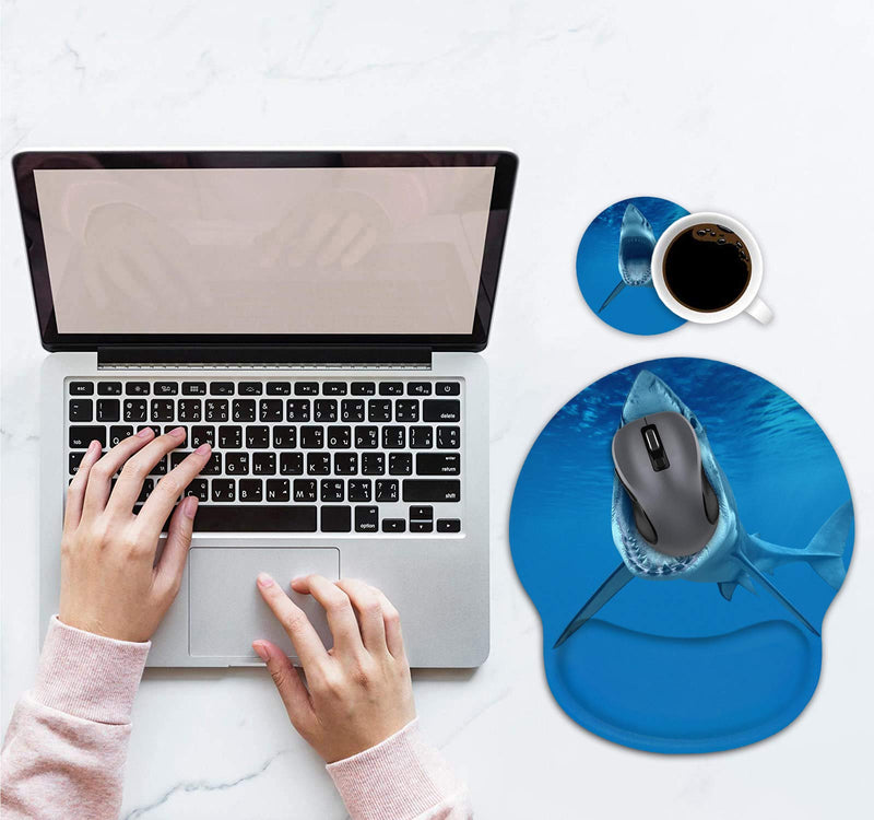 Ergonomic Mouse Pad Wrist Support and Coffee Coaster, Cute Wrist Rest Pad with Non-Slip PU Base for Home Office Working Studying Easy Typing & Pain Relief, Great White Shark