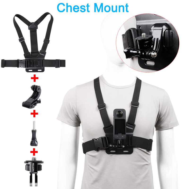 PellKing Accessories Kit for Insta360 ONE GO 3 X3 X2 X RS R, 4in1 Chest Strap Mount Harness/Head Mount/Neck Holder/Backpack Strap Mount