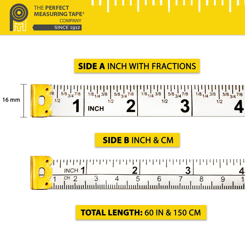 Perfect Measuring Tape - Fraction Tape Measure, All-Purpose 60 Inch Tape Measure - Double Sided Fractional Inches and Millimeter/Centimeter Tape Measure TR-16-frac (60 inch White) 60in/1.5m