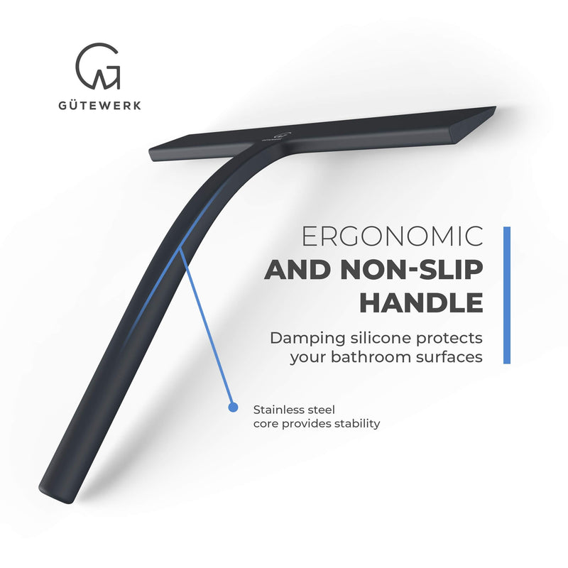 GÜTEWERK Shower Squeegee Black 9 in - incl. Chrome Suction Cup Hook - Stainless-Steel core - Silicone Rubber squeegees for Bathroom Cleaning Window Screen Bath Wiper Cleaner Glass Door Blade Showers 23.0 Centimeters