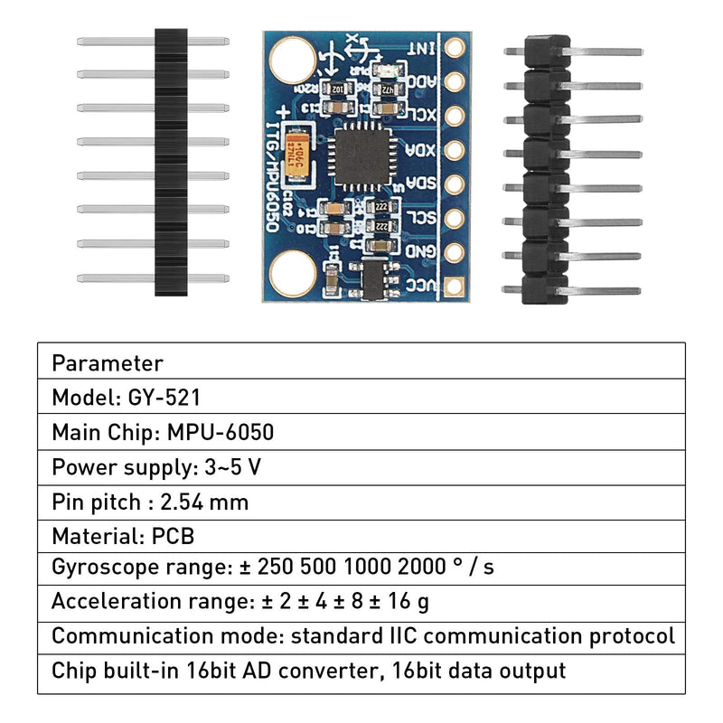 10 Pieces GY-521 MPU-6050 MPU6050 Module, 3 Axis Accelerometer 6 DOF Gyroscope Sensor Module Kit 16 Bit AD Converter Data Output IIC 3-5v Compatible with Arduino