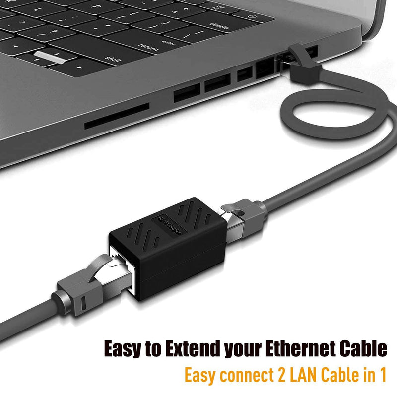 RJ45 Coupler, PLUSPOE 2 Pack Ethernet Cable Extender Inline LAN Connector Plugs for Cat5 Cat5e Cat6e Cat7 Cable, Female to Female (Black) RJ45 Coupler 2Pack Black