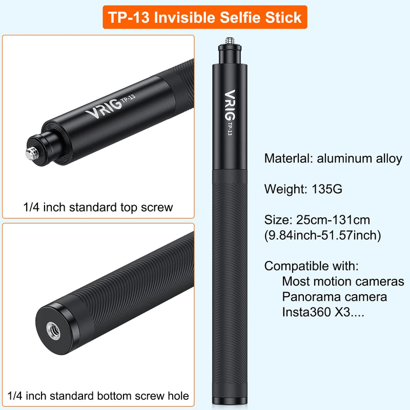 VRIG TP-13,131cm(51inch) Invisible Selfie Stick for Insta360 ONE X3, X2, X, Insta360 ONE R, RS, Insta 360 Camera 1/4" Extended Monopod Pole