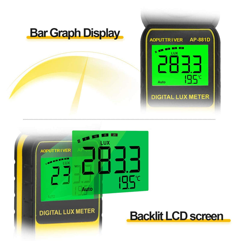 Light Meters 881D Digital Illuminance Meter Ambient Temperature Measurer with Range up to 400,000 Lux Luxmeter, Rotatable Head for 270 Degrees, Display 3999, Data Hold, Back Light, Data storag AP881D(0.01~400,000 Lux)