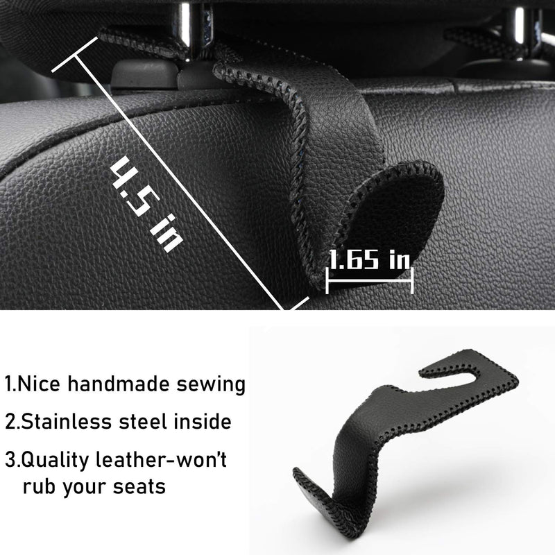 LivTee Black Superior Leather Car Seat Back Headrest Hooks, Car Hook Hangers Interior Accessories for Purse Coats Umbrellas Grocery Bags Handbag, 2-Pack