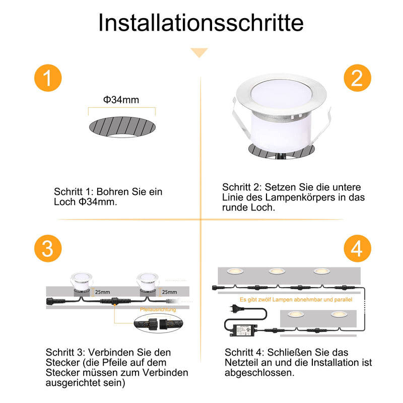 Set of 6 LED recessed floor lights outside DC12V 1W Ø45mm IP67 waterproof LED patio recessed spotlights patio kitchen garden recessed spots warm white warm white set of 6