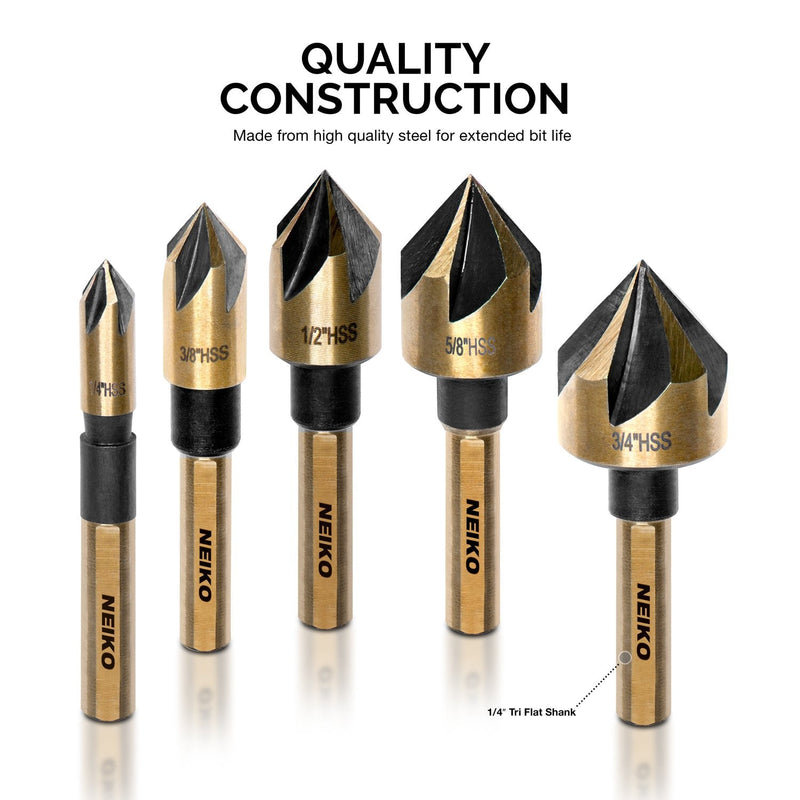 Neiko 10218A Countersink Drill Bit Set, M2 High Speed Steel, 1/4” Tri-Flat Shank | 1/4”-3/4”, 5 Piece Set with Carrying Case