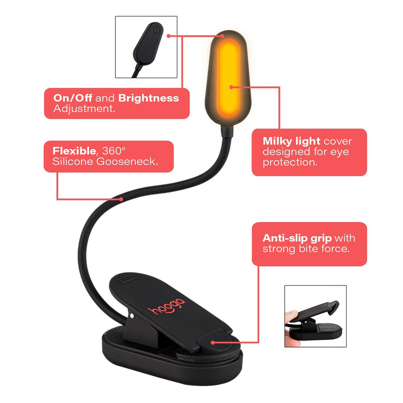 Book Light, Amber, Rechargeable, Blue Light Blocking Clip-On LED Reading Light by Hooga. 3 Brightness. 1600K Temp. Eye Care Light for Strain-Free, Healthy Eyes. Gift for Students, Kids, Book Worms. Amber Light